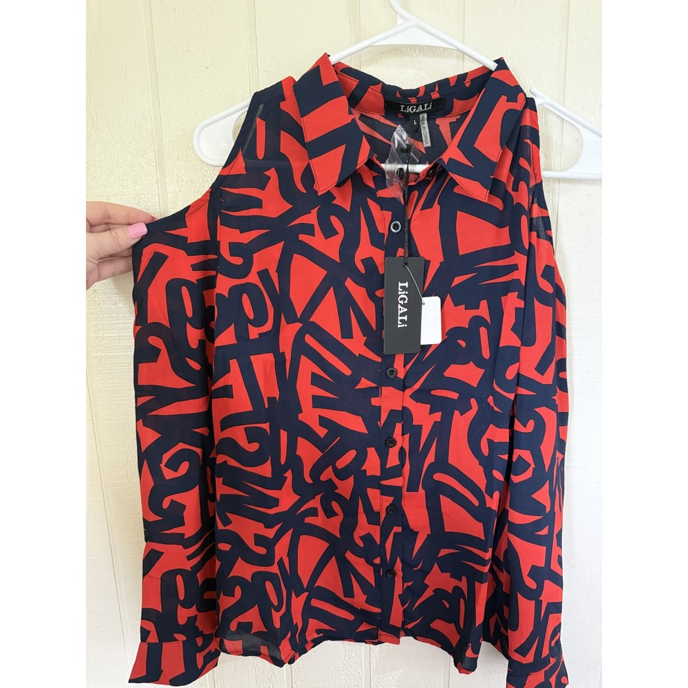 NWT Ligali Abstract Graffiti Print Cold Shoulder Button Down Blouse Large